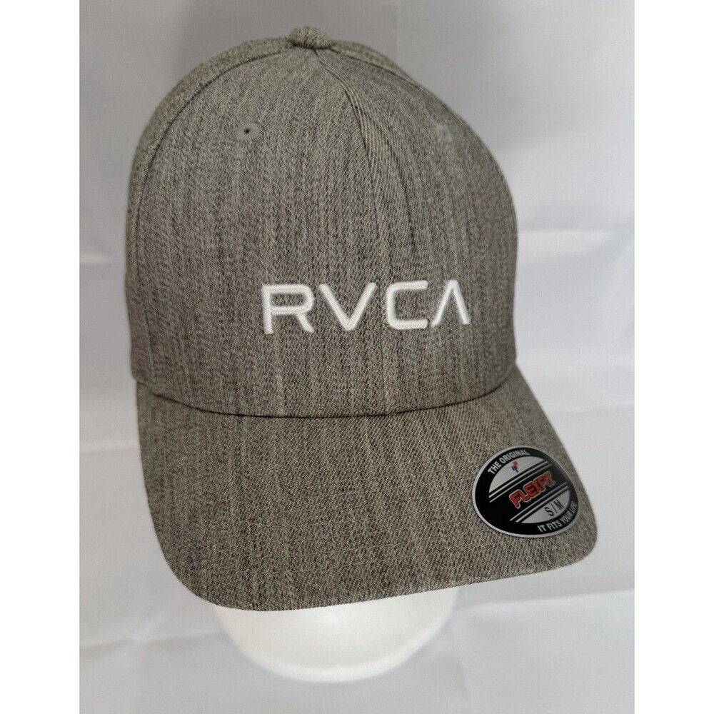 RVCA FlexFit Hat Gray White Mid Fit Size S/M Embroidered Fitted Curved Brim